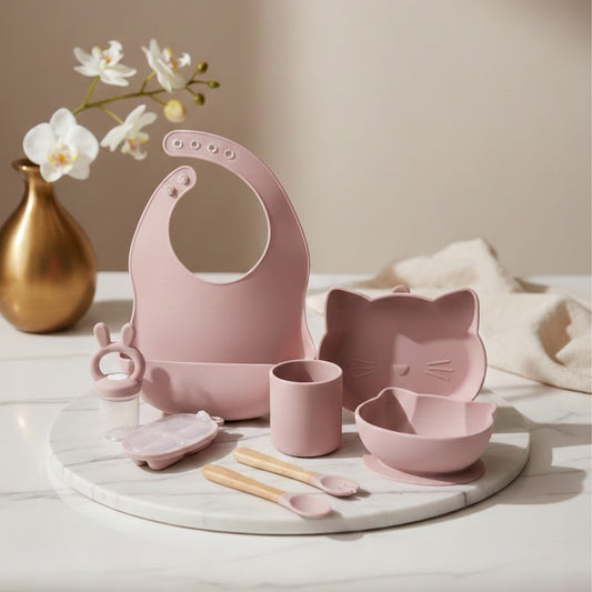 Siliconen eetset met zuignap voor aan de eettafel - Kleur oudroze - Bebe & Bubi