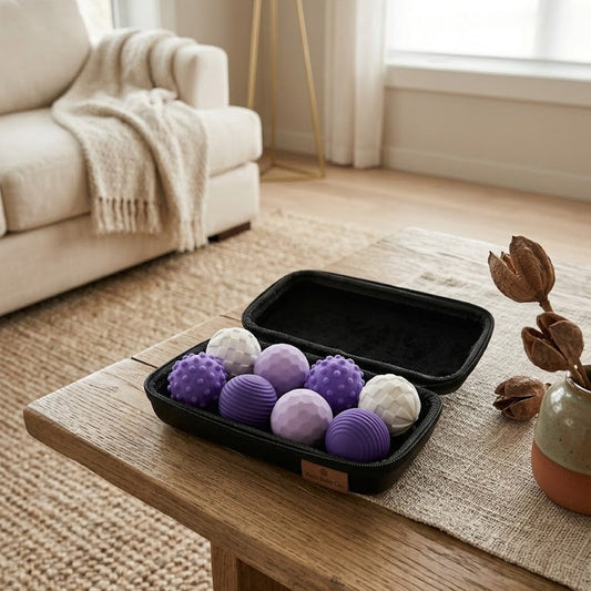 Magnetische siliconen sensory ballen voor baby's in de kleur Lilac Mist van Bebé & Bubi – educatief bijtspeelgoed en stapelset.