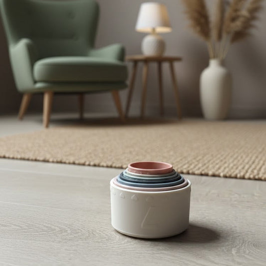 Premium siliconen stapeltoren in aardetinten voor baby's vanaf 0 jaar. Set van 7 BPA-vrije stapelblokken op een lichte houten vloer.