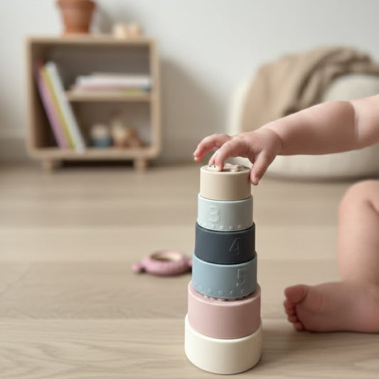 Premium siliconen stapeltoren in aardetinten voor baby's vanaf 0 jaar. Set van 7 BPA-vrije stapelblokken op een lichte houten vloer.